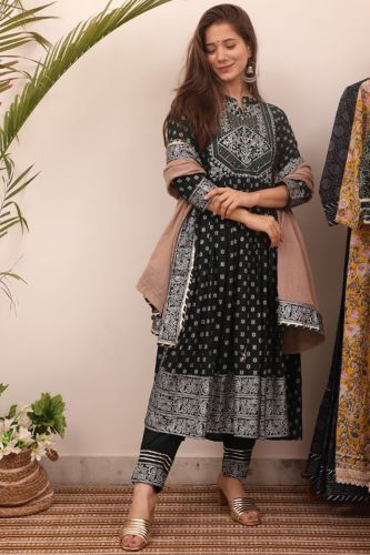 Dark Green & Silver Printed A-Line Kurta Palazzo Pants with Solid Beige Dupatta