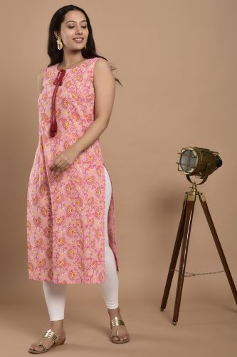 Pink Printed Straight Fit Cotton Kurta