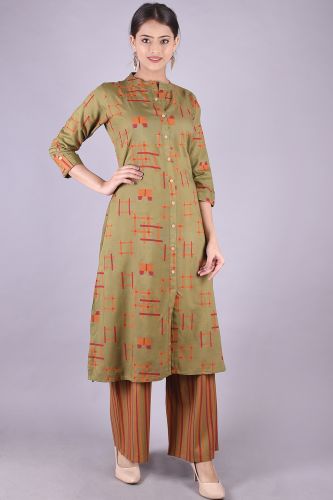 Printed Mehendi Green Kurta with Palazzo