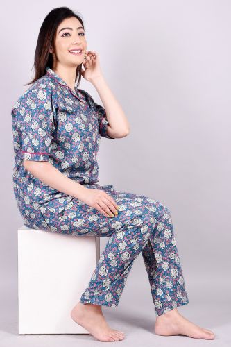 Blue Printed Cotton Night Suit