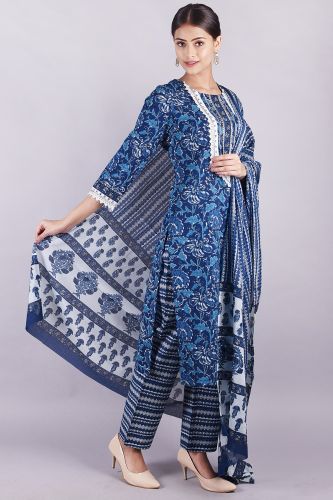 Blue Printed Kurta Set with Palazzo and Dupatta