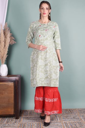 Handwork Pista Green Cotton Kurta with Red Printed Sharara