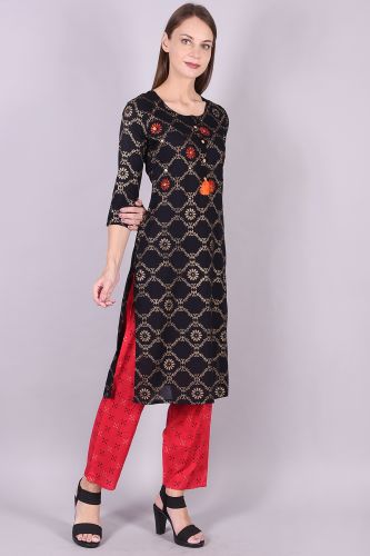 Black & Gold Printed Rayon Kurta With Printed Palazzo