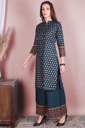 Teal & Gold Printed Kurta With Printed Palazzo