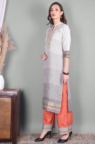 Grey Printed Straight Fit Rayon Kurta With Printed palazzo