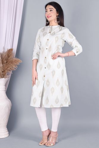 Light Green Gold Printed Cotton Kurti with Lace Work