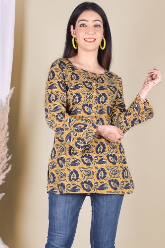 Mustard with Navy Blue Print Ethnic Cotton Top