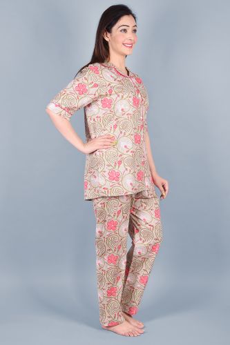Beige Floral Printed Cotton Night Suit