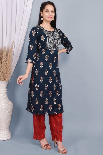 Blur Rayon Ethnic Printed Embroidered Kurta With Palazzo