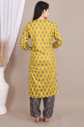 Mustard Rayon Ethnic Printed Kurta With Palazzo