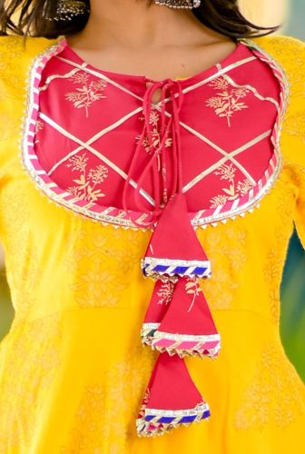 Premium Rayon Yellow & Red Printed Flared Kurta with Printed Sharara and Dupatta