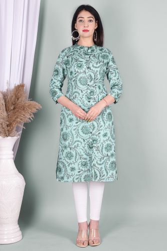 Green Jaipuri Print Straight Cotton Kurta