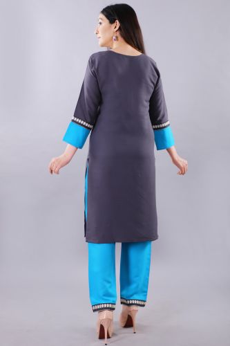 Blue Embroidered Straigth Rayon Kurta With Solid Palazzo