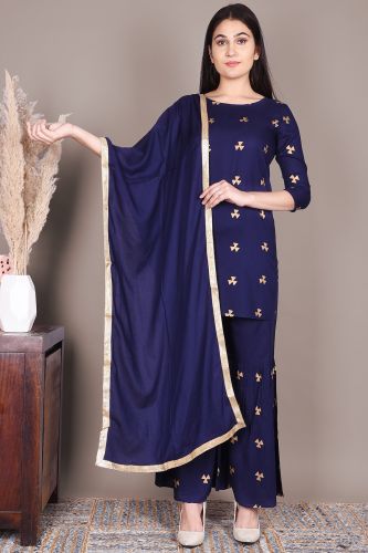 Blue and Gold Printed Short Kurta with Sharara and a Dupatta Set