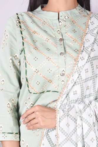 Pista Printed Straight-fit Cotton Kurta with Printed Palazzo Pants and a Dupatta