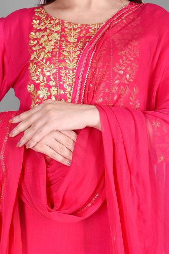 Ethnic Bright Pink Embroidered Kurta with Palazzo and Dupatta Set