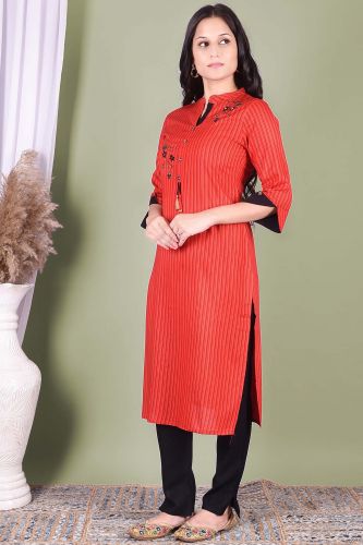 Red Striped Printed And Embroidered Kurta With Solid Black Pant