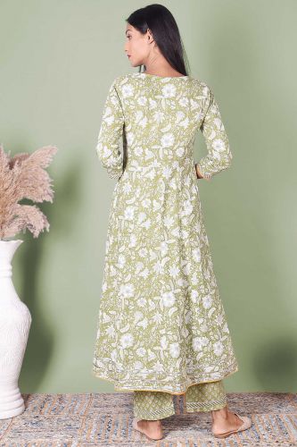 Green and White Printed Anarkali Cotton Kurta with Printed Palazzo Set