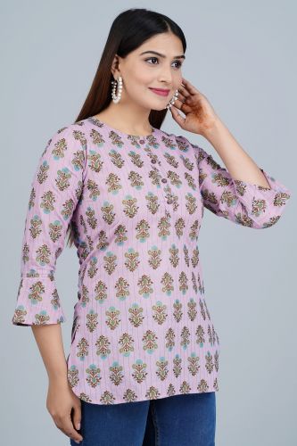 Lavender Ethnic Printed Straight Cotton Top