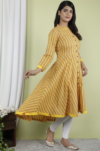 Yellow Stripes Printed A-Line Flared Cotton Kurta