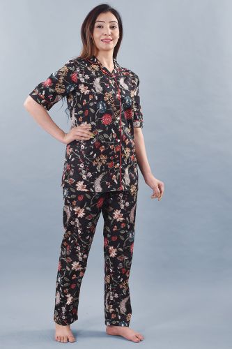 Black Floral Printed Cotton Night Suit