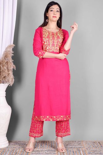 Ethnic Bright Pink Embroidered Kurta with Palazzo and Dupatta Set