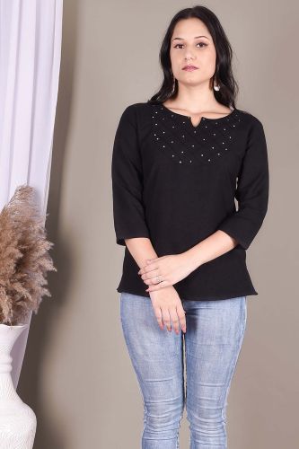 Solid Black Cotton Top with Handwork