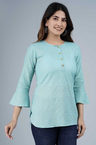 Light Blue Cotton Gold Printed Ethnic Top