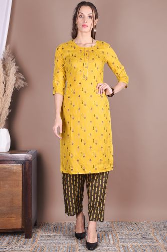 Mustard Printed Straight Rayon Kurta With Printed Pant