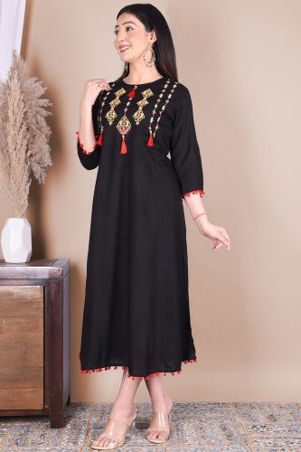 Solid Black Embroidered Rayon A-Line Kurta