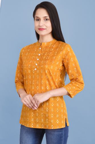 Mustard Ethnic Printed Pleated Cotton Top