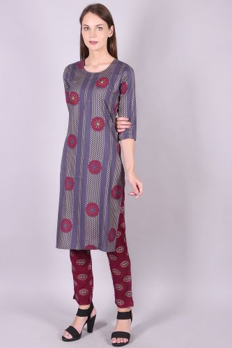 Gold Printed Blueish Grey Kurta with handwork and Gold Printed Palazzo