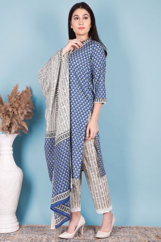 Blue A-Line Cotton Kurta With Lace Work With Printed Pant And Dupatta