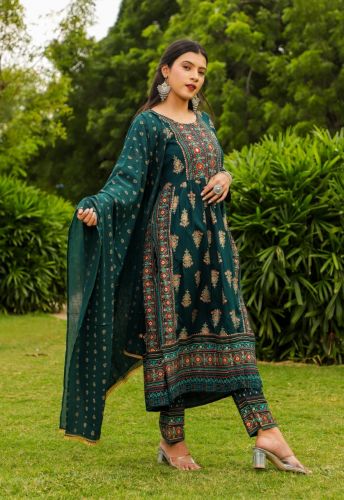 Green Handwork Rayon Kurta With Palazzo & Dupatta