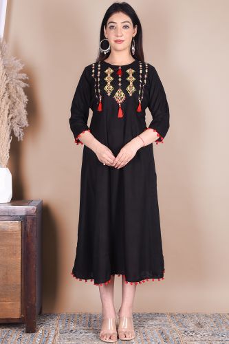 Solid Black Embroidered Rayon A-Line Kurta