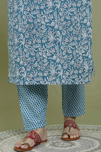 Teal Color Cotton Kurta With Pant & Dupatta