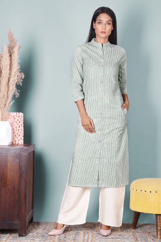 Green and White Striped A-Line Kurta