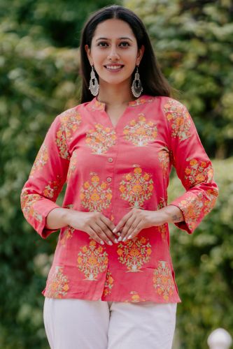 Peach Floral Printed Cotton Ethnic Top
