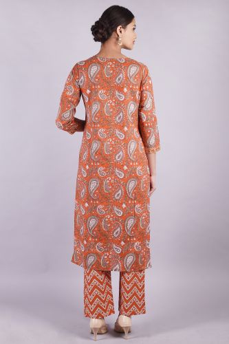 Orange Printed Cotton Kurta With Palazzo & Dupatta