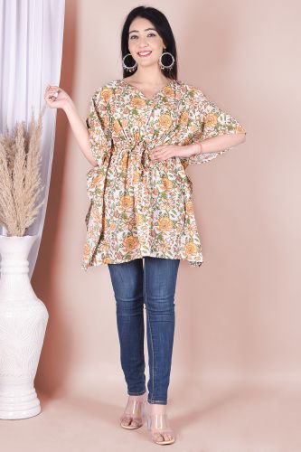Green and Off-White Floral Printed Kaftan Cotton Top