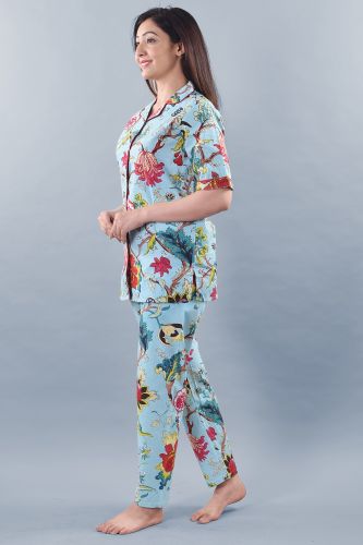 Blue Floral Printed Cotton Night Suit