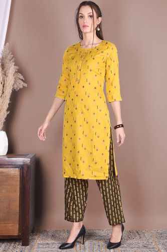 Mustard Printed Straight Rayon Kurta With Printed Pant