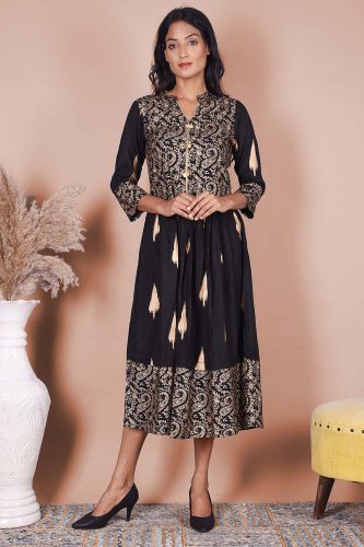 Gold Printed Black Rayon Kurta