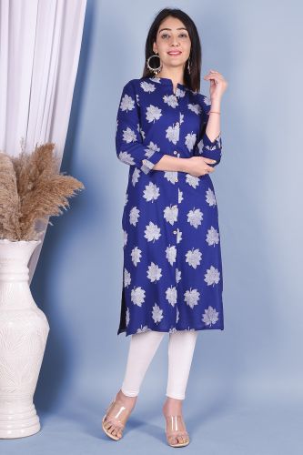 Royal Blue Leaf Print Straight Rayon Kurta