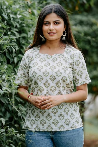 Green and White Printed Cotton Top