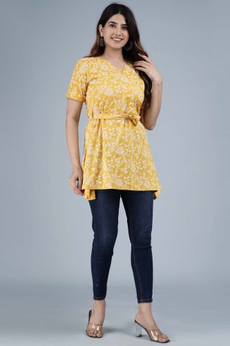 Mustard Ethnic Printed Cotton Top With Belt