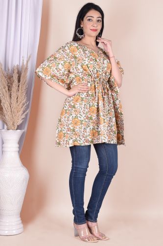 Orange Floral Printed Cotton Kaftan