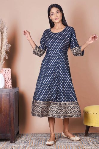 Gold Ethnic Printed Blue Midi Dress 