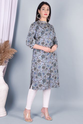 Grey Jaipur Print Straight Cotton Kurta