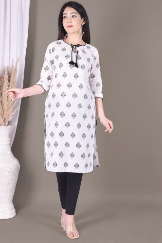 Black and White Cotton Kurti with Neck Strings